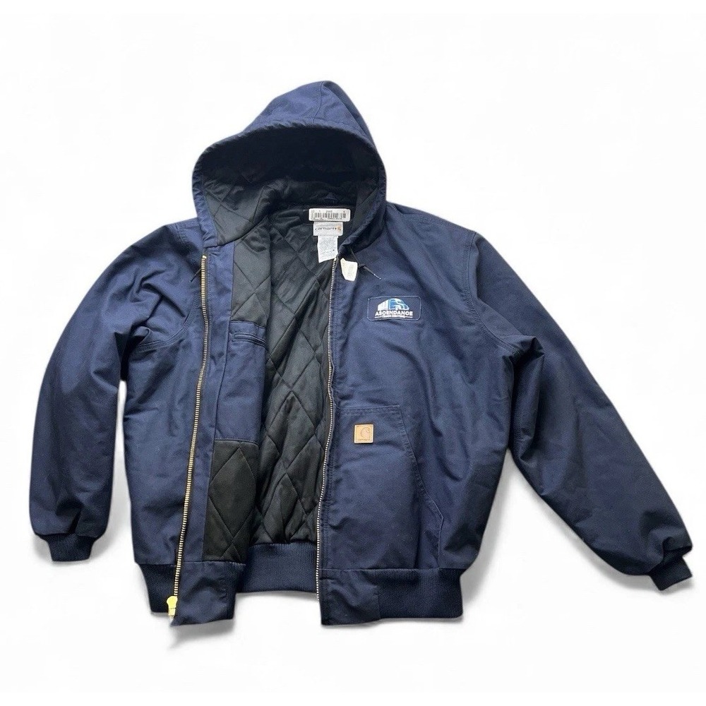 Vintage Carhartt Canvas Jacket Men's 2XL Hooded 376-20 Navy Blue Company Logo